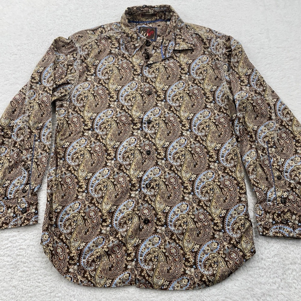 EQ Equilibrio Rooster Shirt Men's M Brown Geometric Embroidered Florals All Over